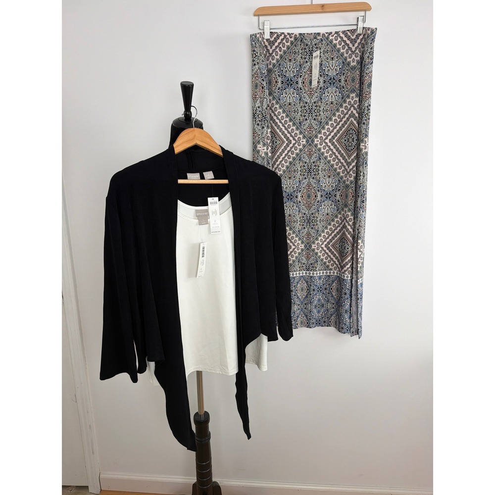 Chicos 3 Piece Set L 12/14 Travelers Maxi Skirt Cardigan Tank Boho